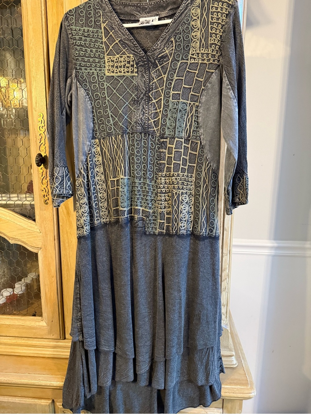 Parsley & Sage Boho Embroidered V-Neck Tiered Midi Dress Gray with Olive